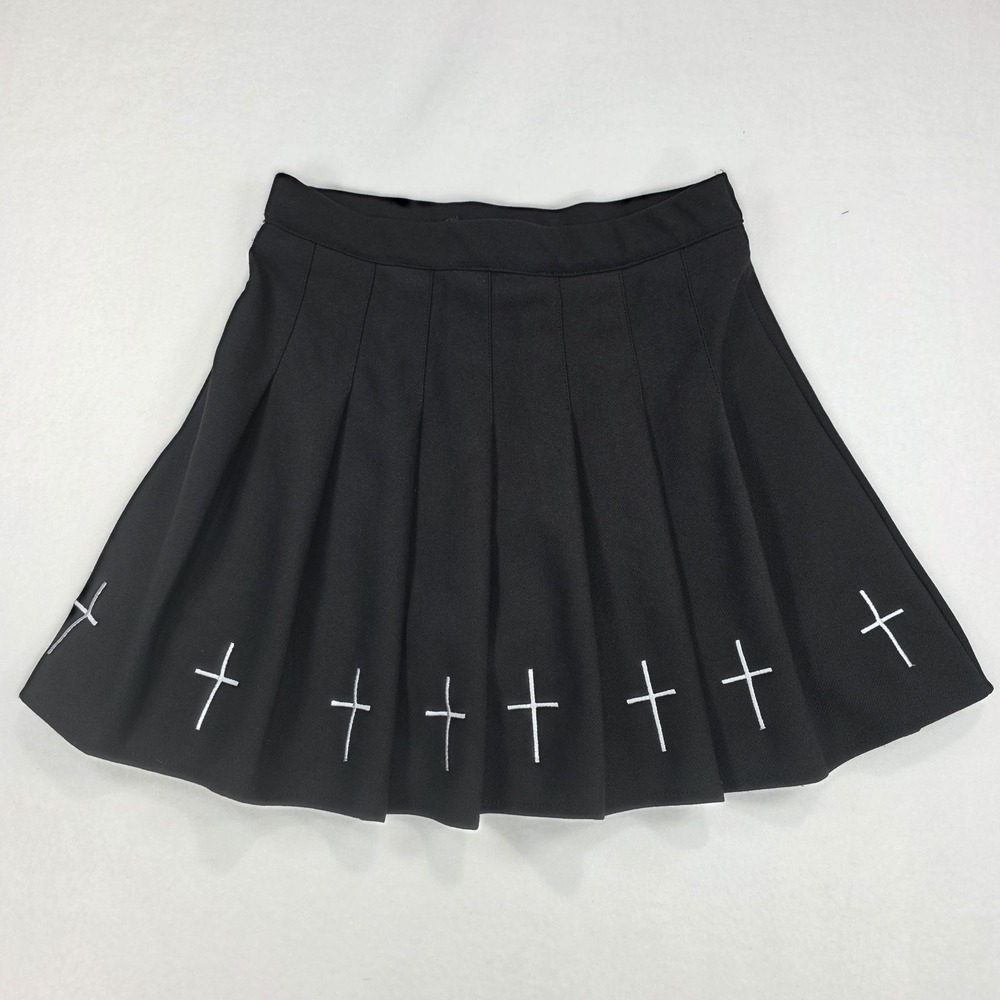 Women's Gothic Lolita Black Pleated Mini Skirt High Waist Punk Rock Harajuku Med